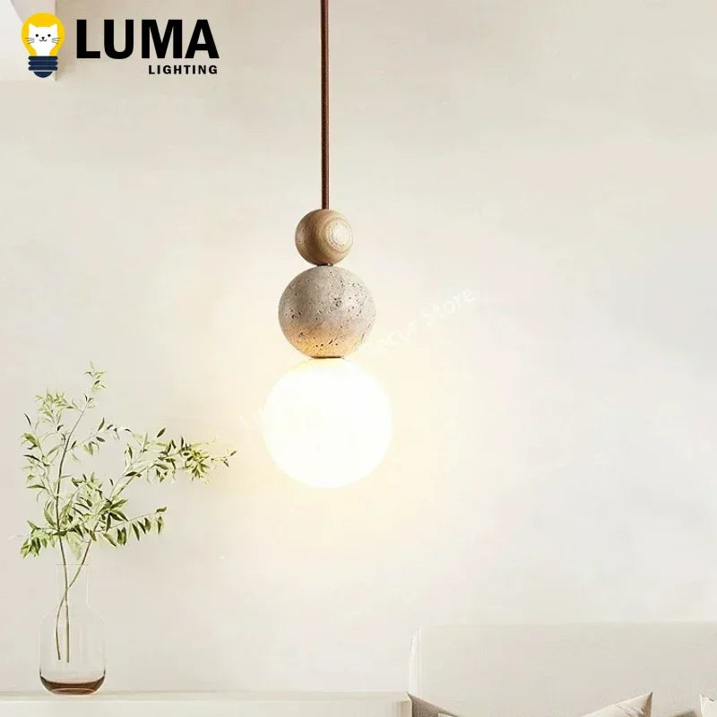 Lampa wisząca Luma – kremowy trawertyn i drewno WARIANTY DO WYBORU
