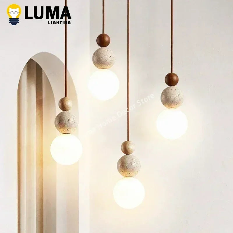 Lampa wisząca Luma – kremowy trawertyn i drewno WARIANTY DO WYBORU