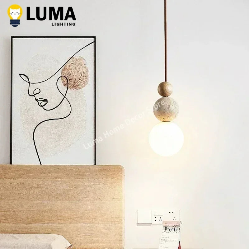 Lampa wisząca Luma – kremowy trawertyn i drewno WARIANTY DO WYBORU