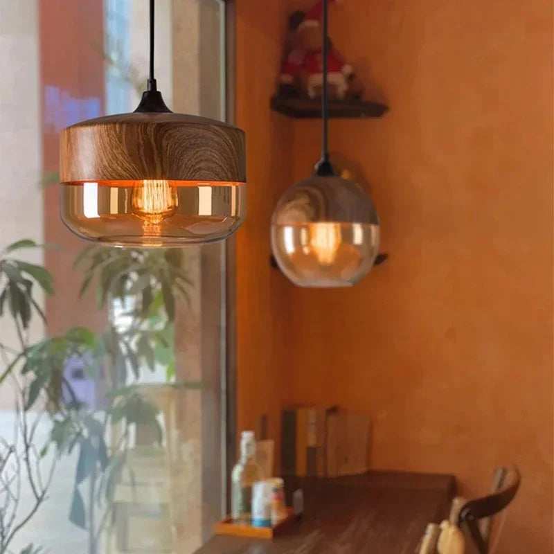 Skandynawska lampa wisząca LED – szkło i drewno WARIANTY