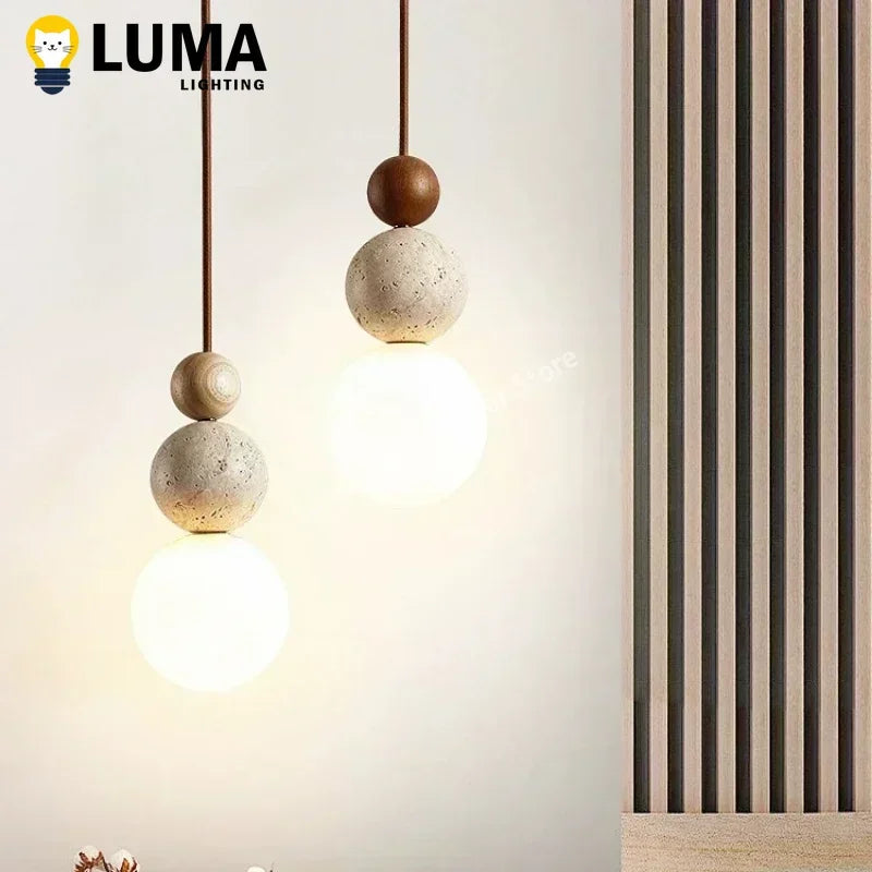Lampa wisząca Luma – kremowy trawertyn i drewno WARIANTY DO WYBORU