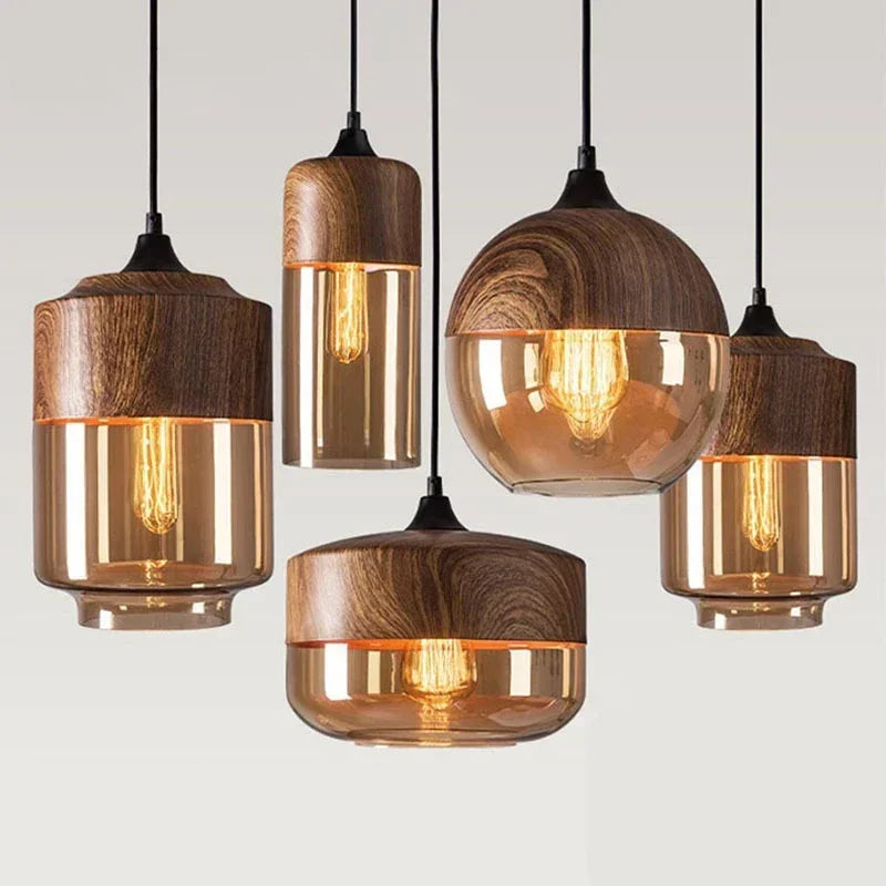 Skandynawska lampa wisząca LED – szkło i drewno WARIANTY